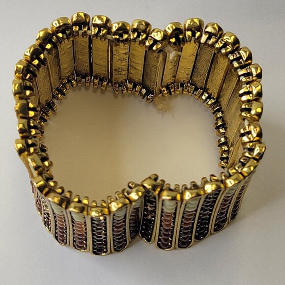Gold Tone and Brown Wide Cuff Embellished Stretchy Bracelet - Picture 7 of 12